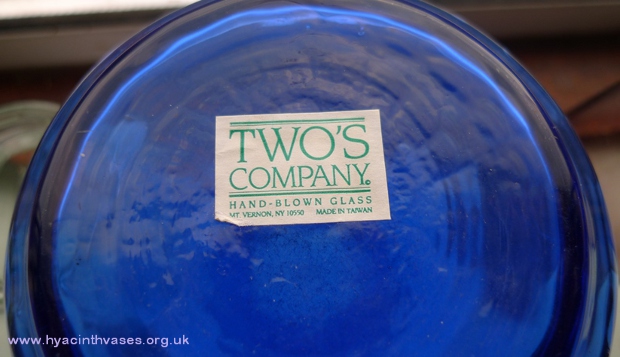 Twos Company hyacinth vase label