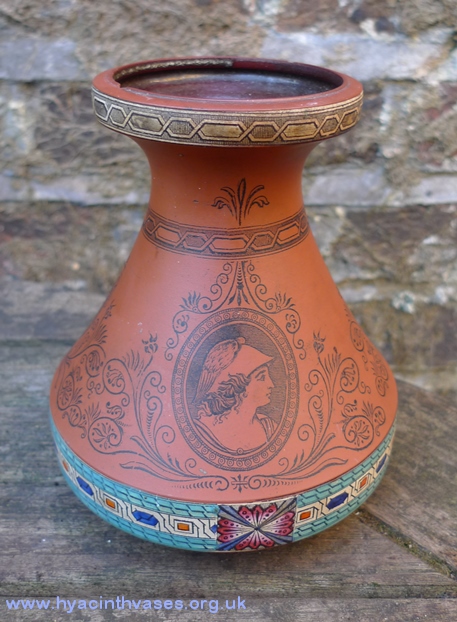 terracotta hyacinth vase with classical figure transfers